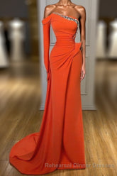 Long sleeves Strapless Orange Sequined Long Semi Formal Prom Dress